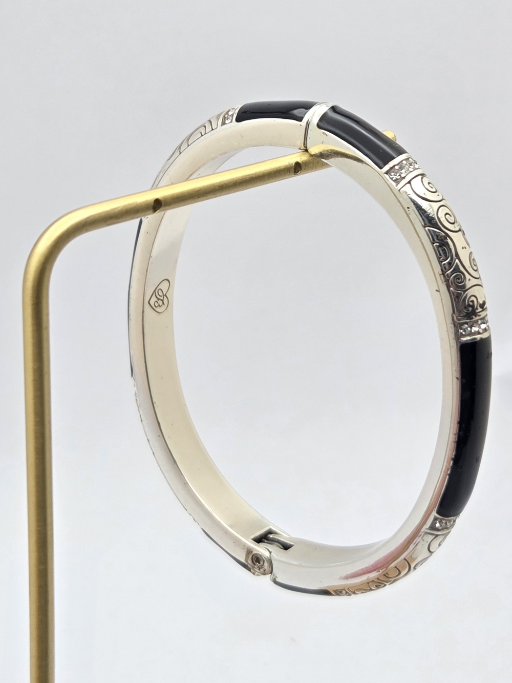 Brighton Black Enamel Rhinestone Hinged Bangle Bracelet